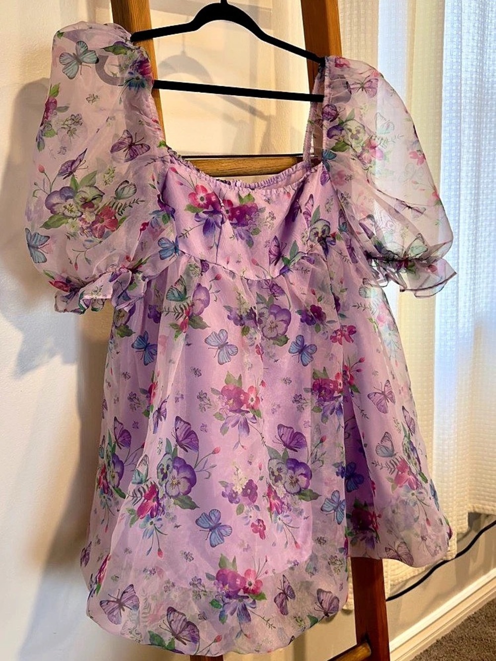 SHEIN Floral Puff Sleeve Blouse in Purple & Pink Size XL